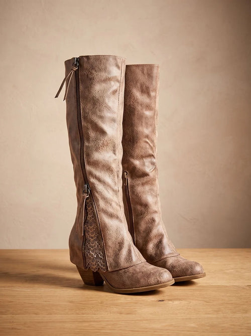 Black Knee High Boots with Lace Detail and Block Heel for Women 0