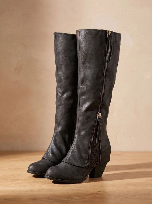 Black Knee High Boots with Lace Detail and Block Heel for Women 1