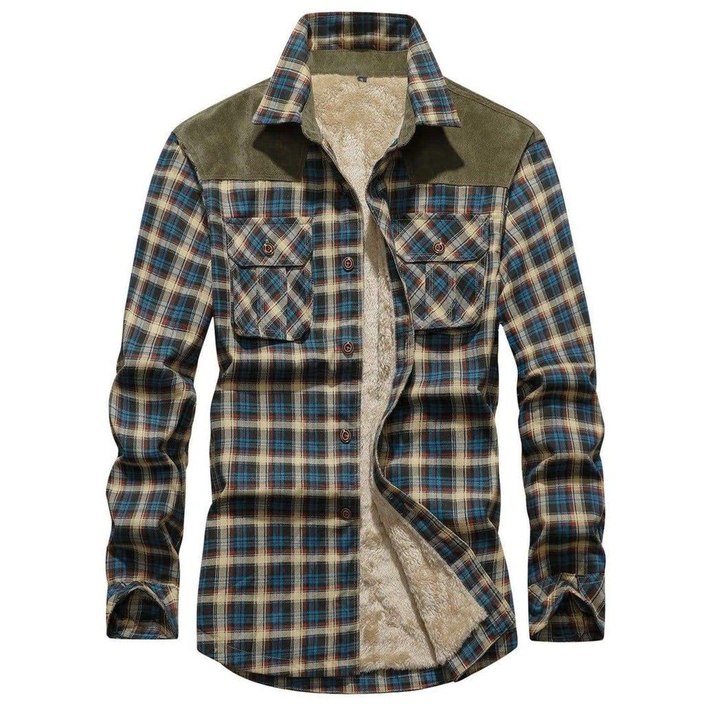 Fitted Flannel Shirt Jacket for Men with Quilted Sleeves and Snap Buttons 0