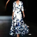Floral Midi Dress with Cross V-Neckline and 3/4 Sleeves for Women 0