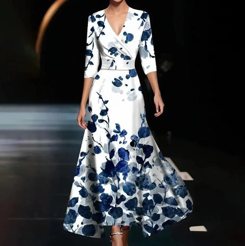 Floral Midi Dress with Cross V-Neckline and 3/4 Sleeves for Women 0