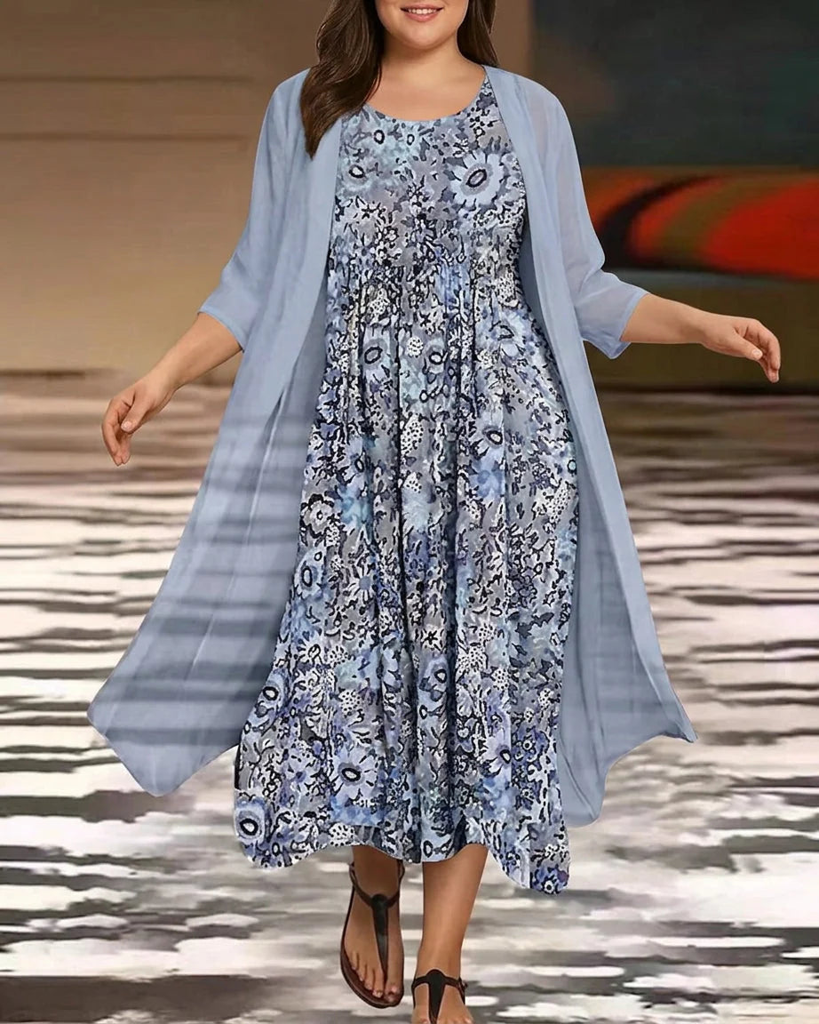 Flowy Two-Piece Boho Midi Dress - Lightweight Floral Wedding Guest Dress 0