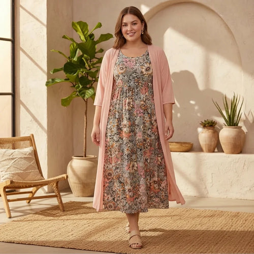 Flowy Two-Piece Boho Midi Dress - Lightweight Floral Wedding Guest Dress 1