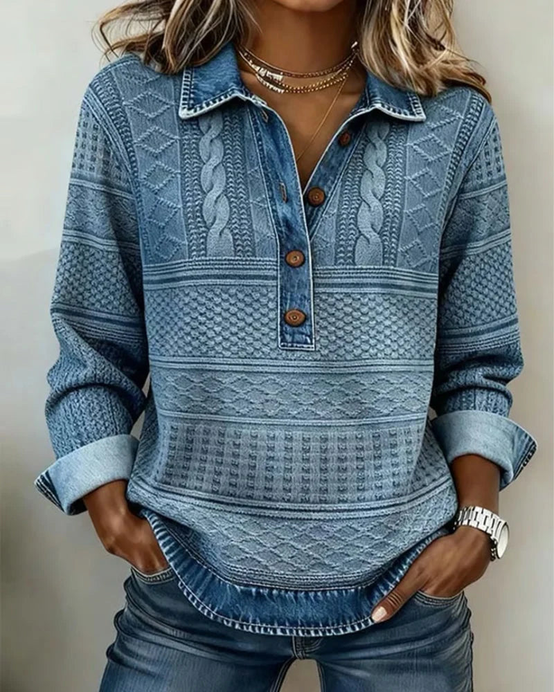 Half-Button Sweatshirt with Structured Collar and Printed Knit Design 0