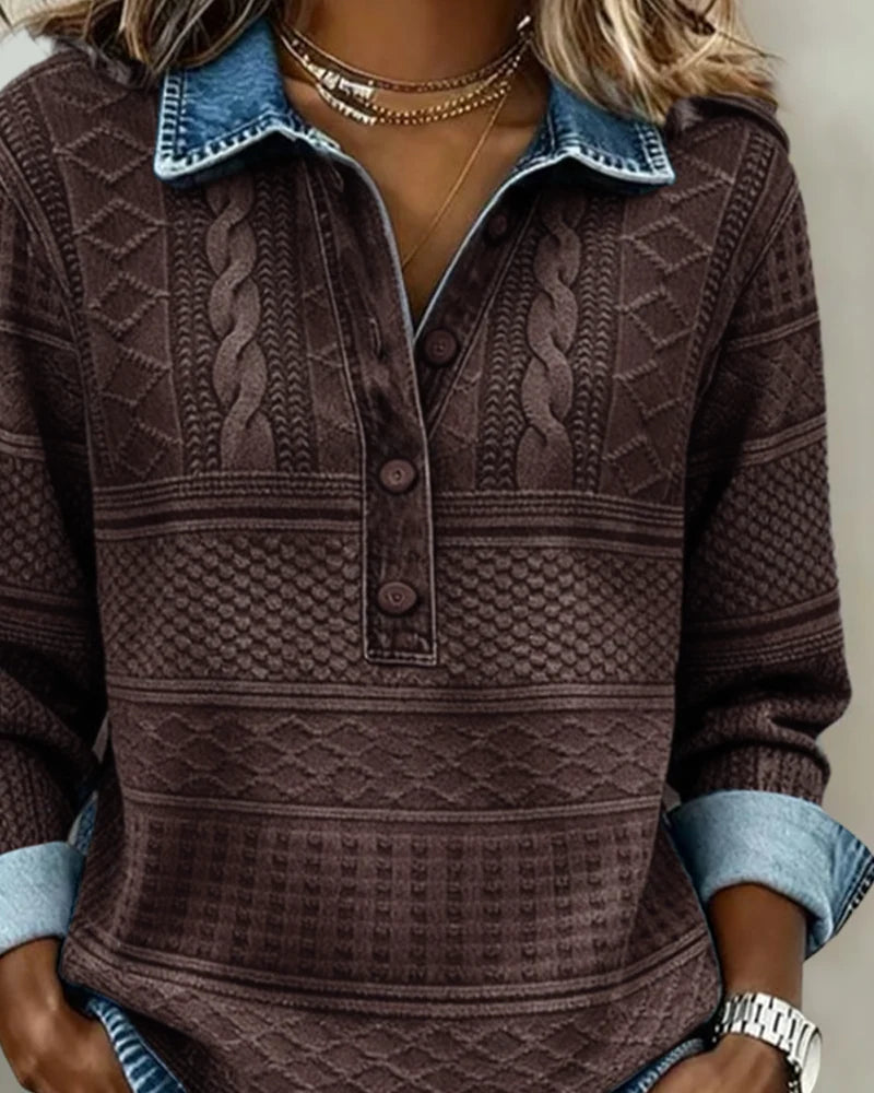Half-Button Sweatshirt with Structured Collar and Printed Knit Design 3