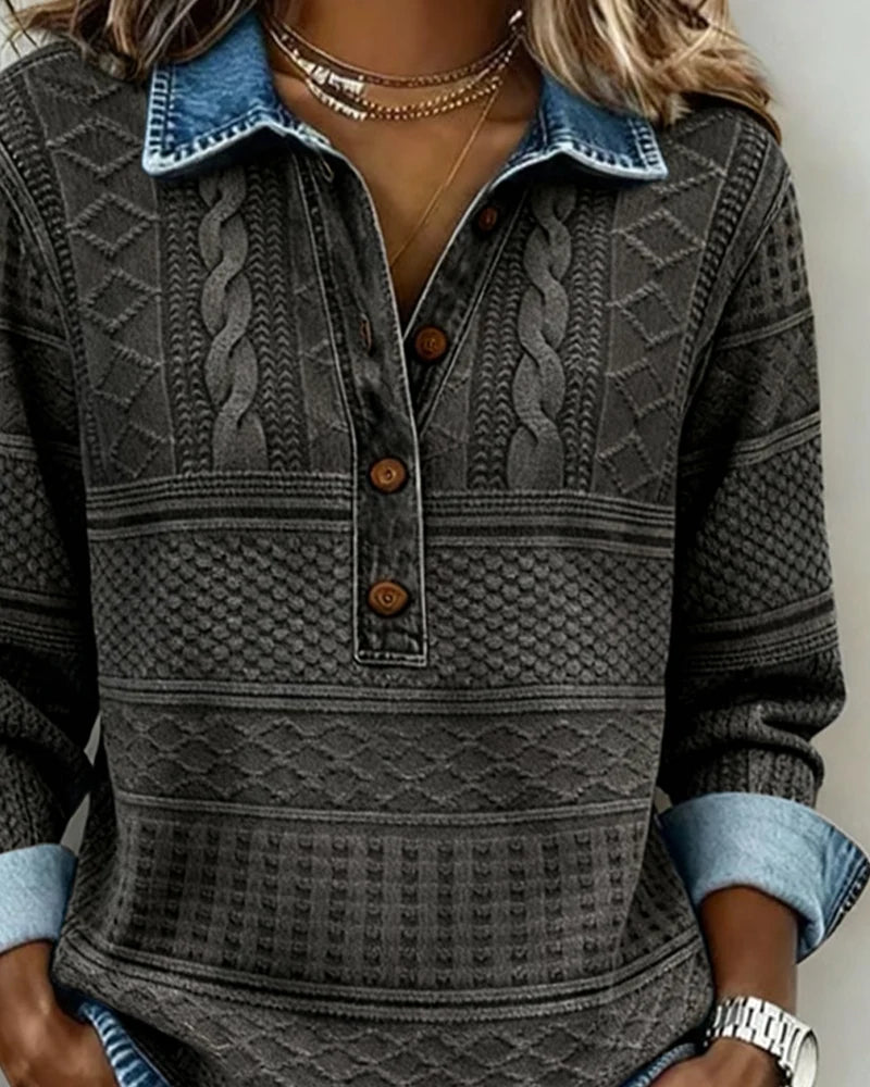 Half-Button Sweatshirt with Structured Collar and Printed Knit Design 5