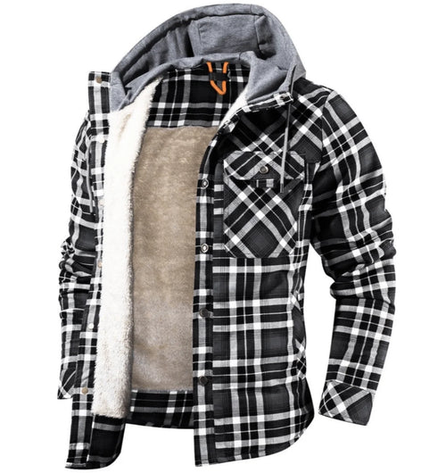 Hooded Flannel Jacket with Faux Fur Lining and Snap Closure 0