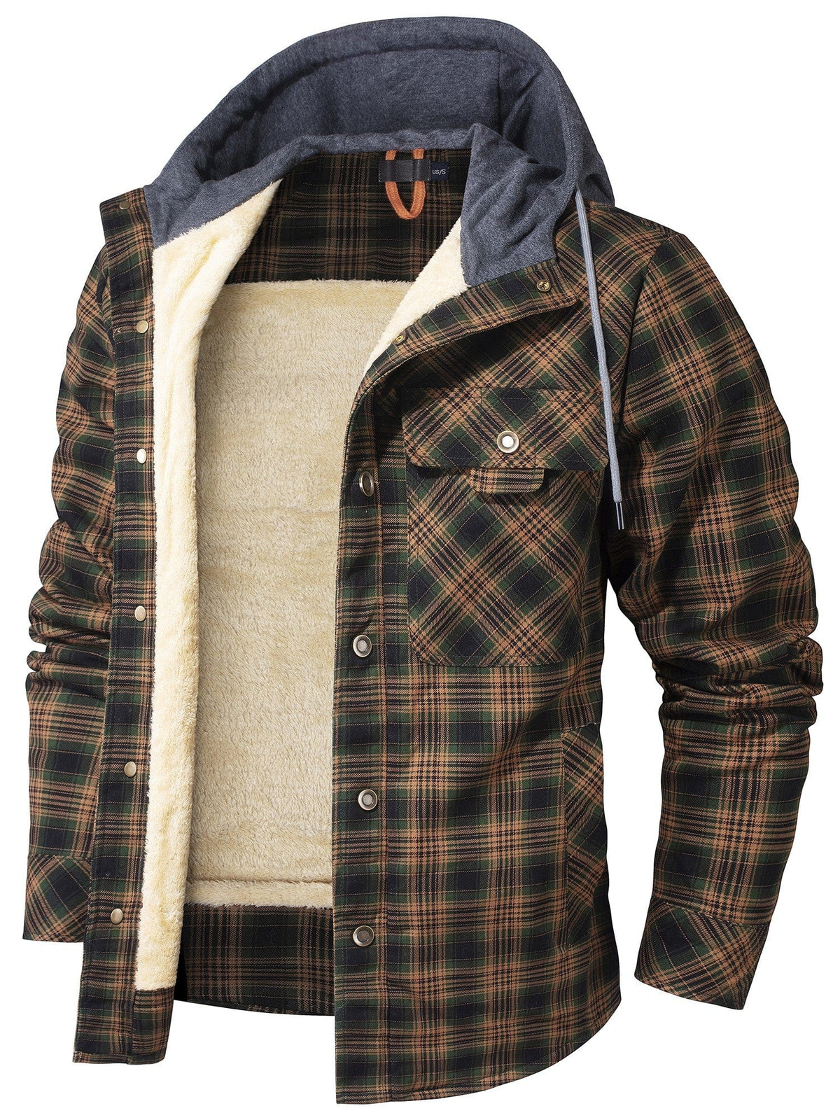 Hooded Flannel Jacket with Faux Fur Lining and Snap Closure 6