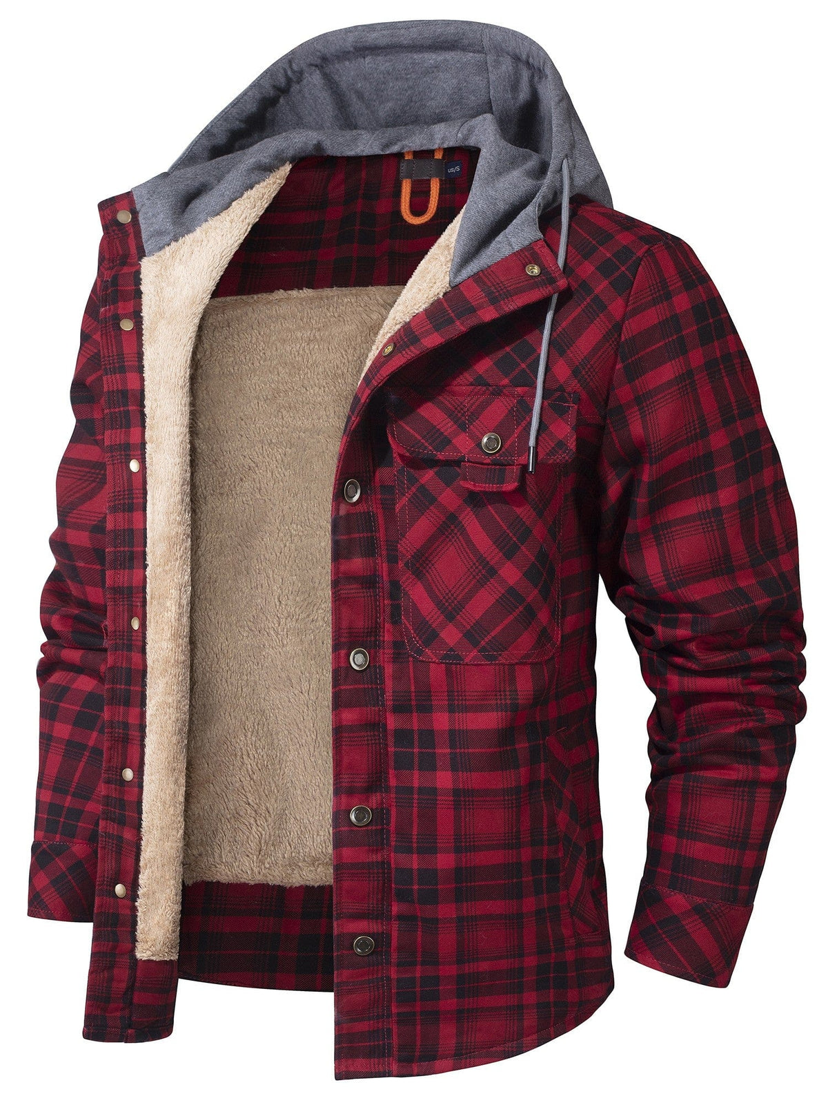 Hooded Flannel Jacket with Faux Fur Lining and Snap Closure 8