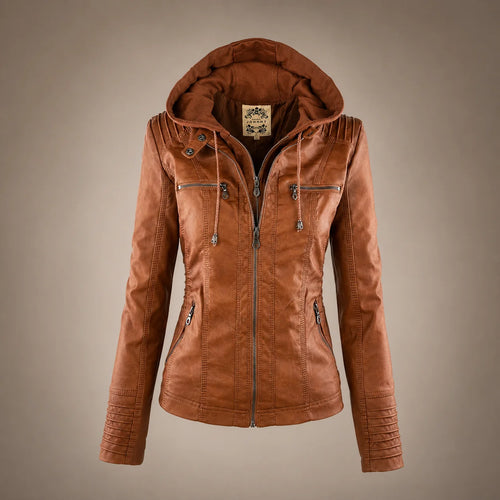 Hooded Moto Jacket with Tailored Fit and Zipper Details for Women 0