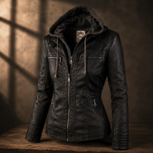 Hooded Moto Jacket with Tailored Fit and Zipper Details for Women 1