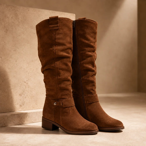 Knee High Slouch Boots for Women with Low Stacked Heel and Side Zipper 1
