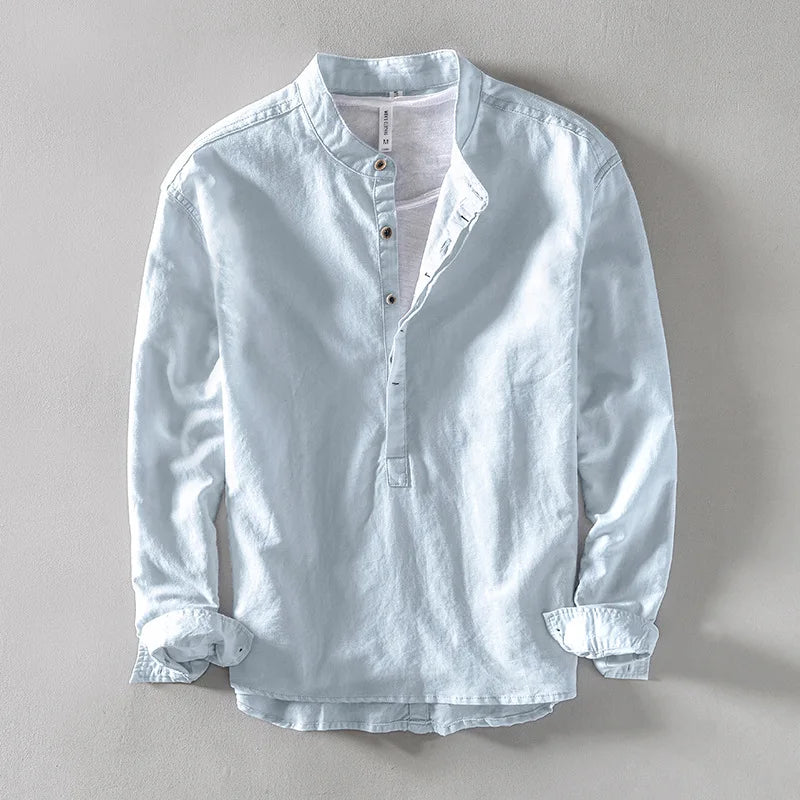 Lightweight Linen Long-Sleeve Shirt with Band Collar for Casual Wear 0
