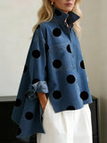 Loose Fit Stand-Collar Denim Top with Polka Dot Print for Women 0