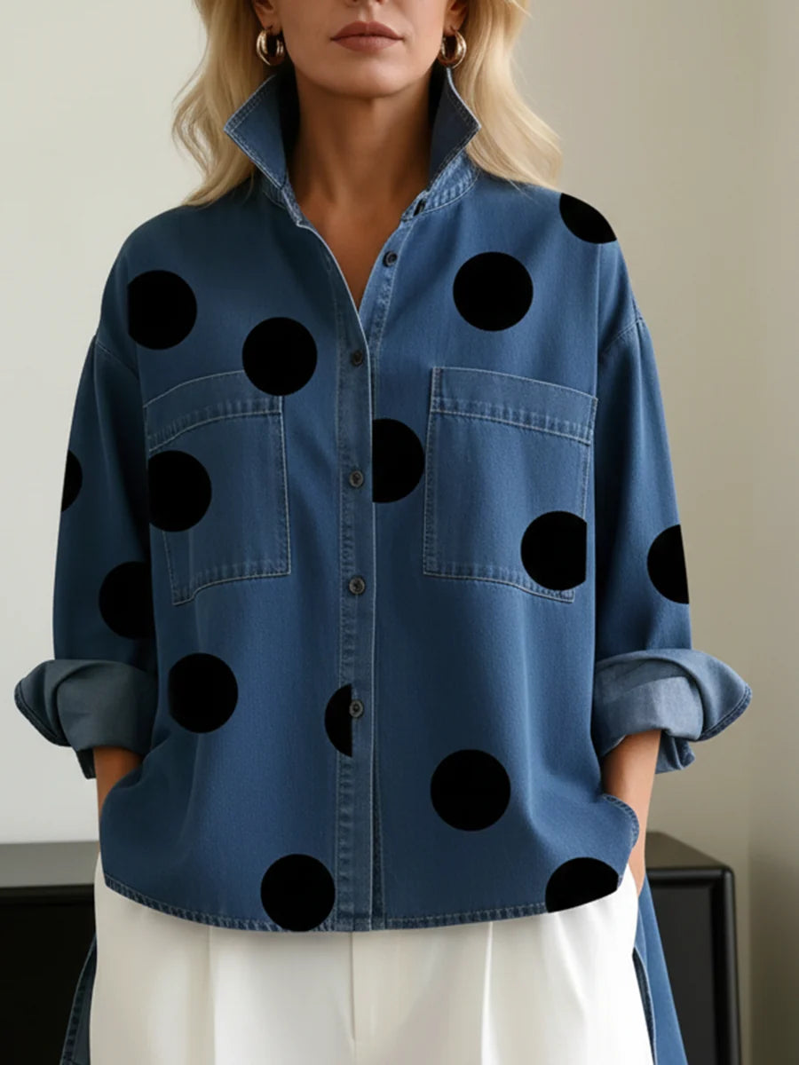 Loose Fit Stand-Collar Denim Top with Polka Dot Print for Women 2