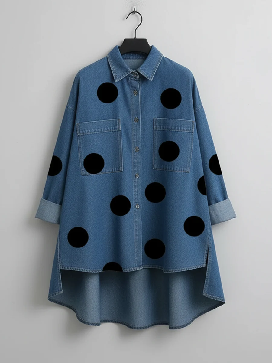 Loose Fit Stand-Collar Denim Top with Polka Dot Print for Women 6