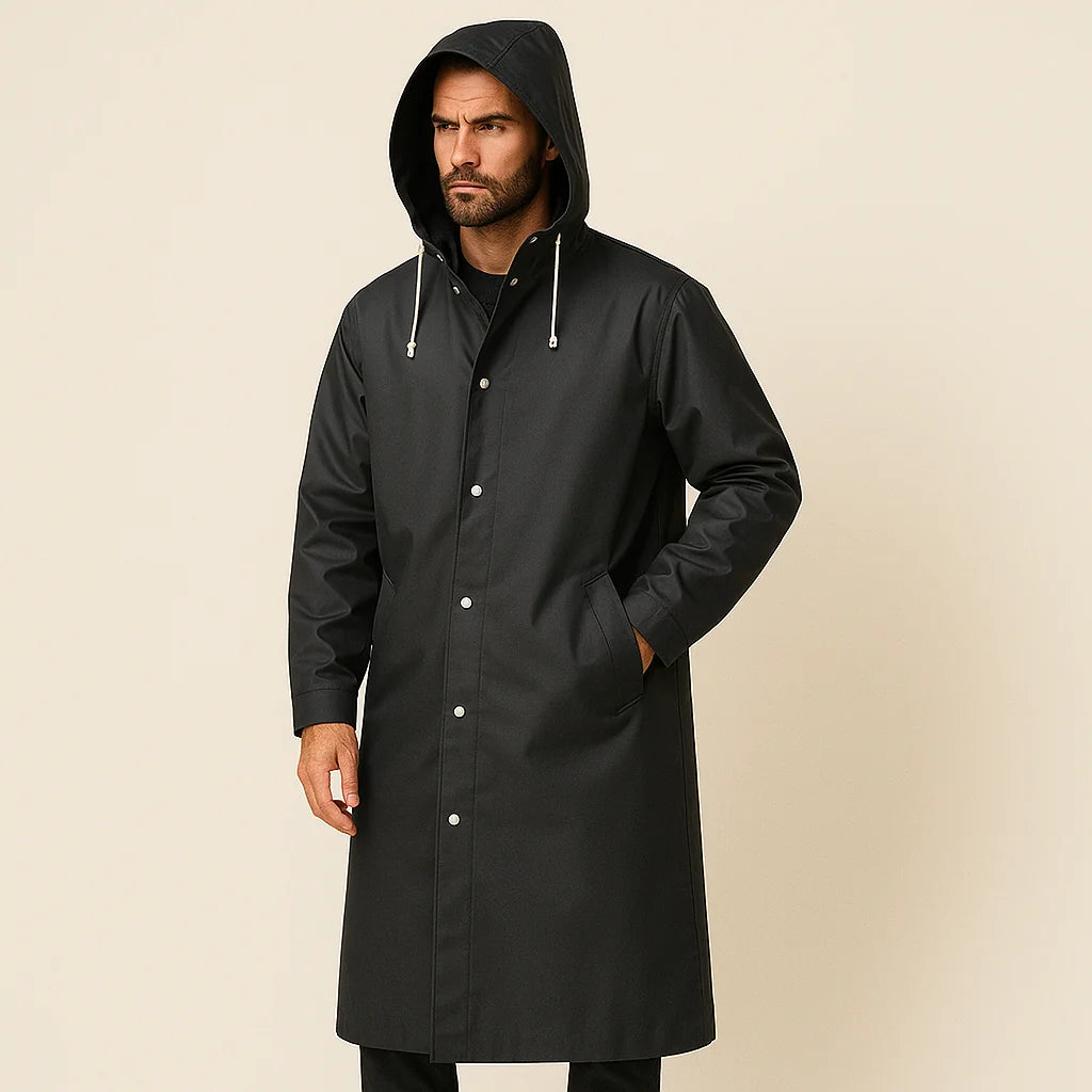 Men's Long Waterproof Raincoat with Adjustable Hood - Lightweight & Breathable 0