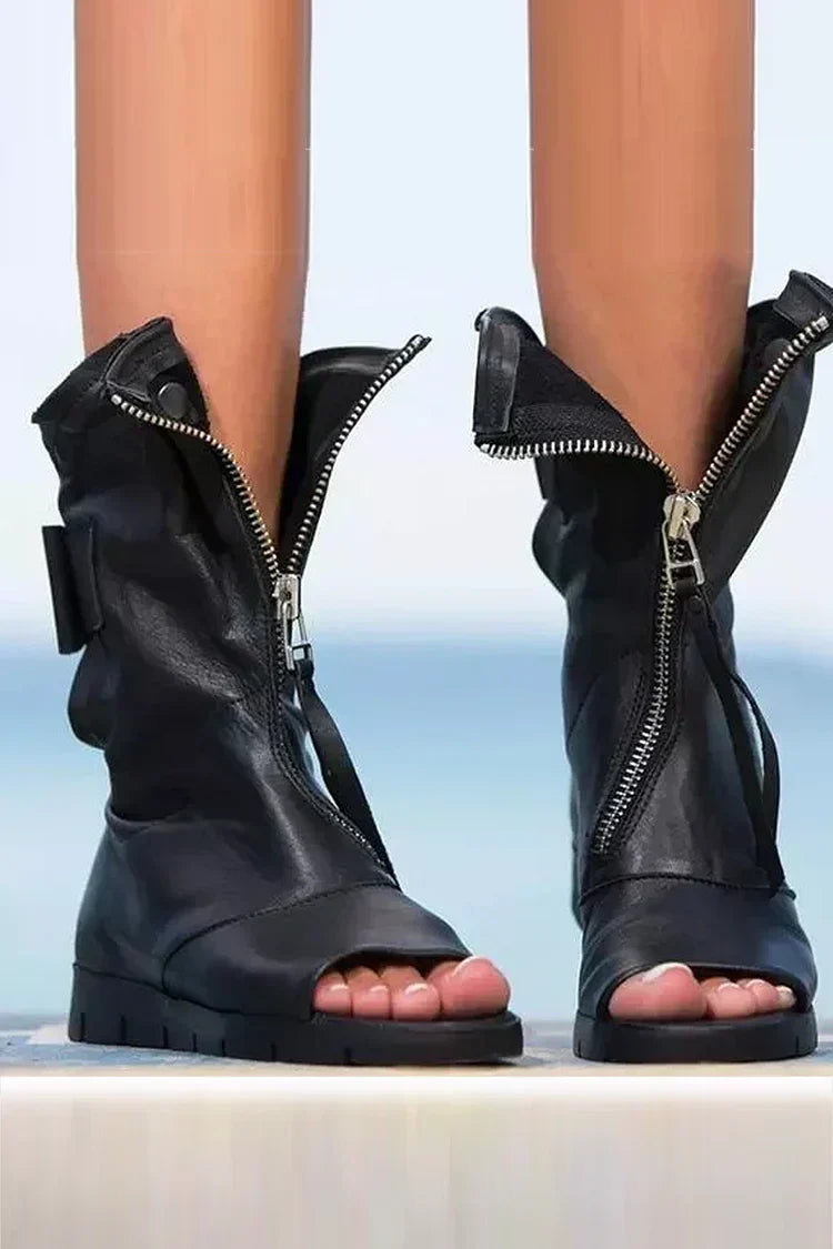 Open Toe Flat Ankle Boots for Women with Front Zipper Closure 0