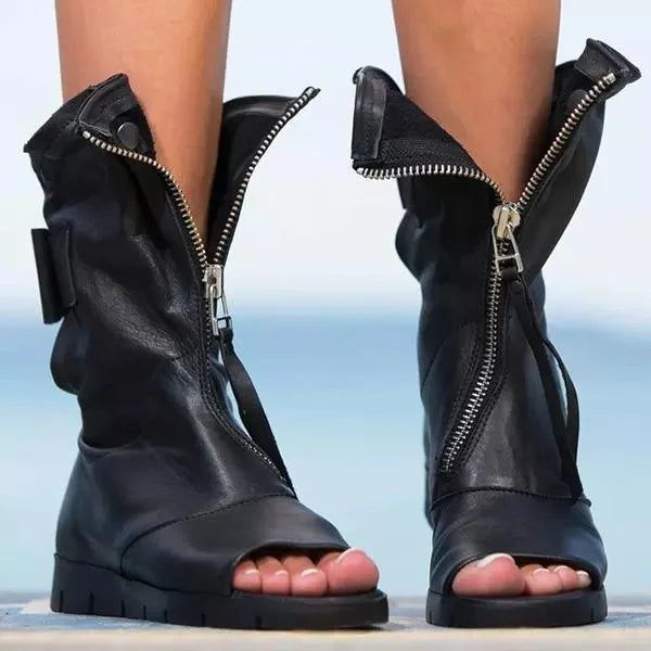 Open Toe Flat Ankle Boots for Women with Front Zipper Closure 1