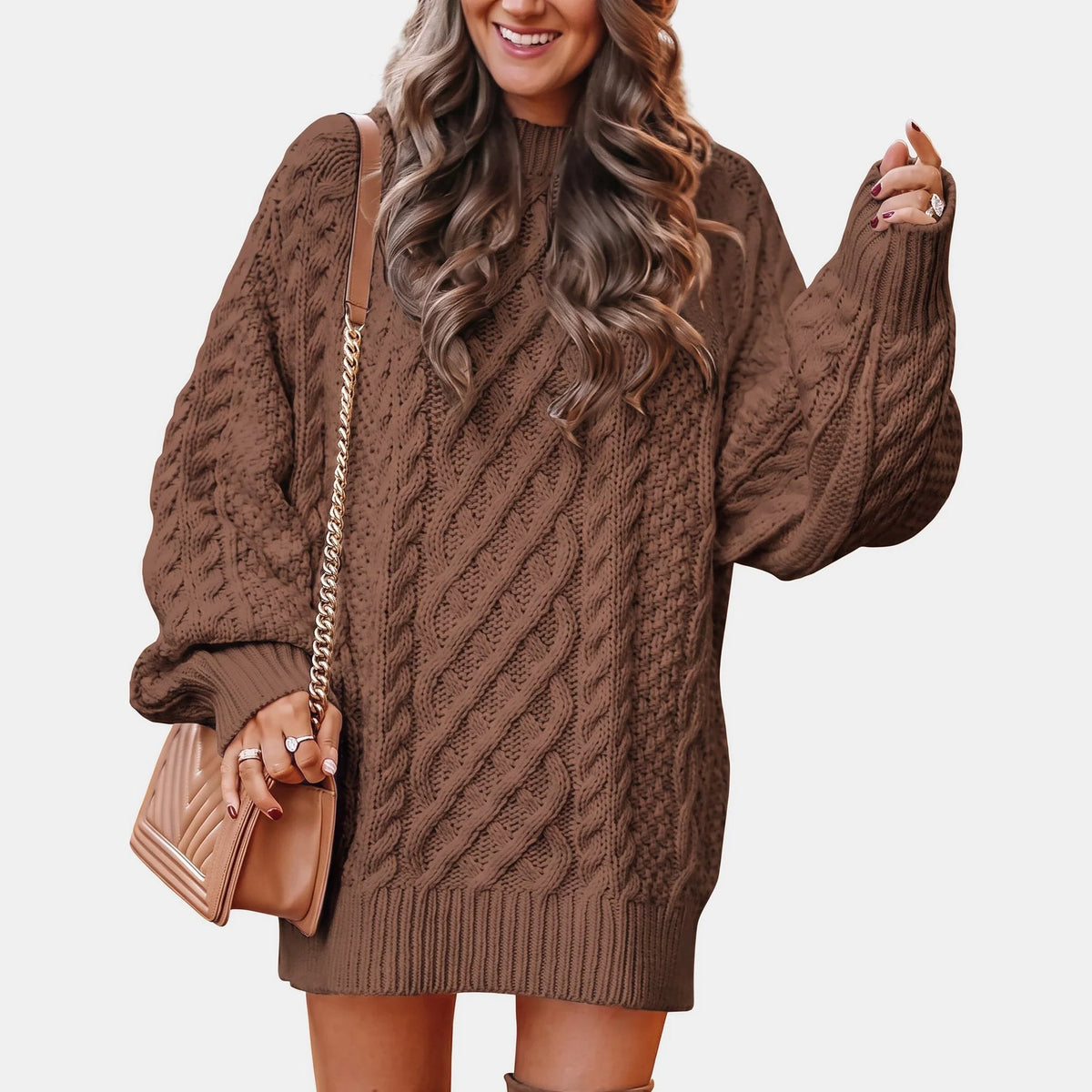 Oversized Cable Knit Sweater Dress with Distressed Sleeve Detail 7