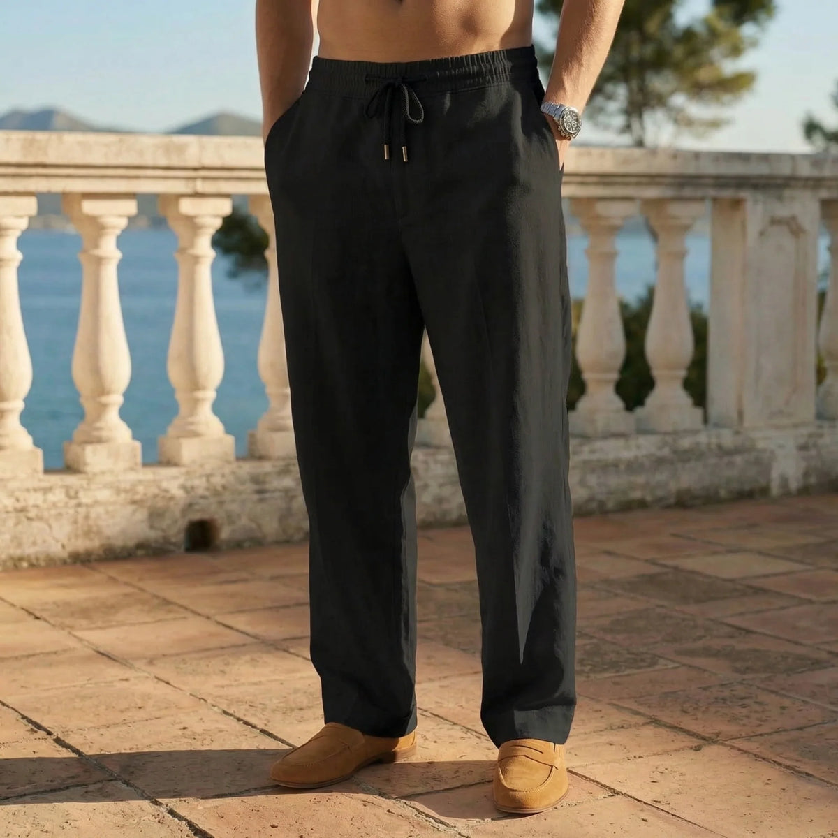 Relaxed Fit Linen Blend Pants with Adjustable Drawstring for Women 3