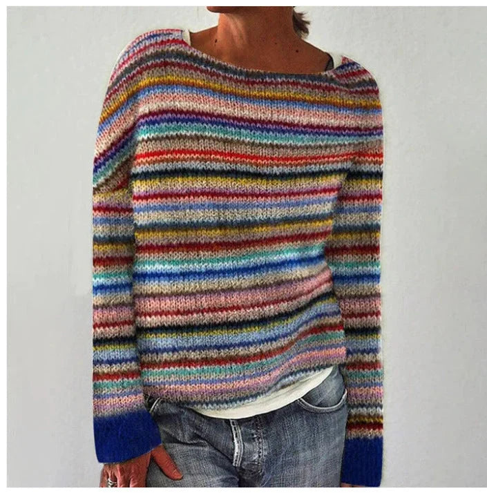 Relaxed Fit Multi-Stripe Knit Sweater with Long Sleeves 1
