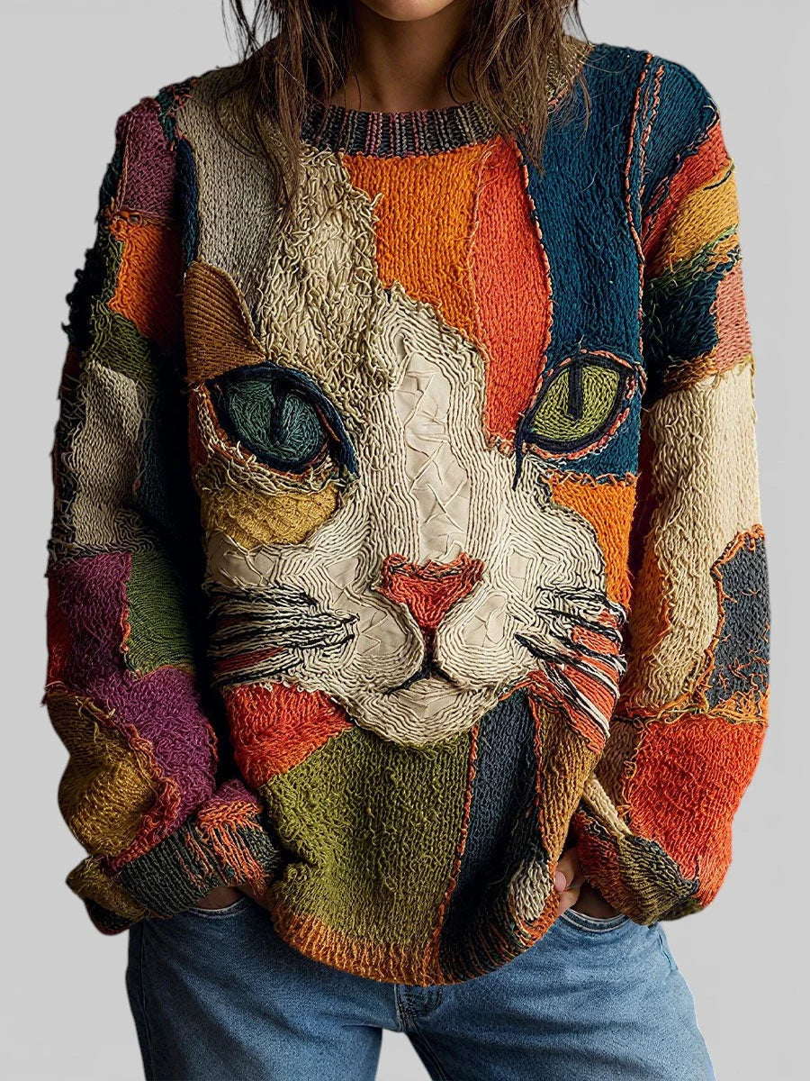 Relaxed Fit Women's Top with Artistic Cat Motif for Casual Wear 0