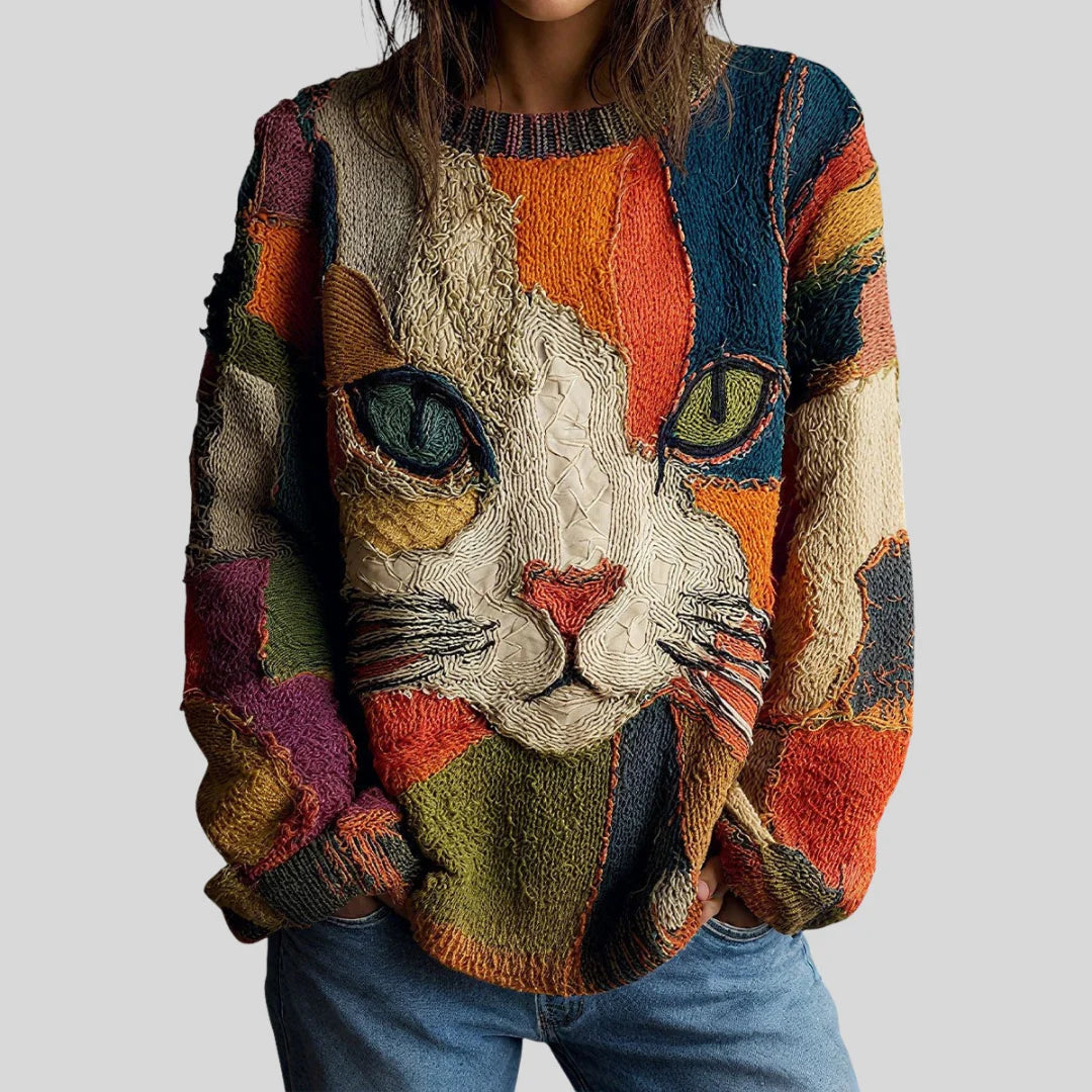 Relaxed Fit Women's Top with Artistic Cat Motif for Casual Wear 1