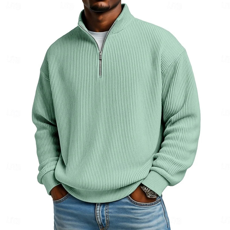 Ribbed Men's Quarter Zip Pullover with Relaxed Fit and Adjustable Collar 0