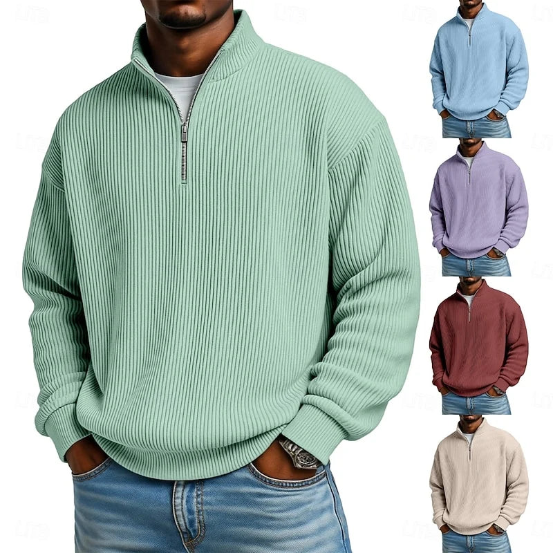 Ribbed Men's Quarter Zip Pullover with Relaxed Fit and Adjustable Collar 1