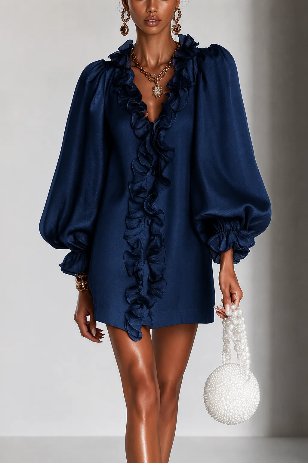 Ruffled Puff-Sleeve Mini Dress - Relaxed Fit for Casual & Formal Wear 2