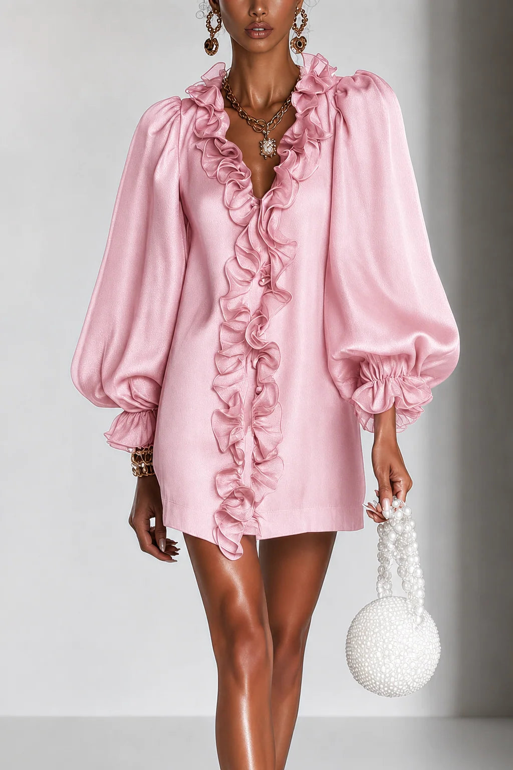 Ruffled Puff-Sleeve Mini Dress - Relaxed Fit for Casual & Formal Wear 3
