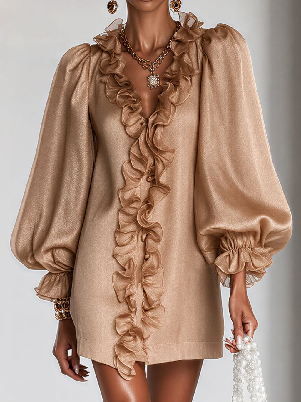 Ruffled Puff-Sleeve Mini Dress - Relaxed Fit for Casual & Formal Wear 4