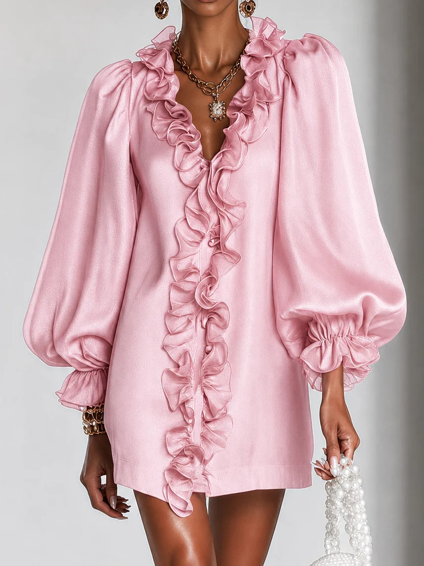 Ruffled Puff-Sleeve Mini Dress - Relaxed Fit for Casual & Formal Wear 8