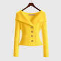 Slim Fit Off-Shoulder Ribbed Knit Cardigan Sweater with Button Detail 0