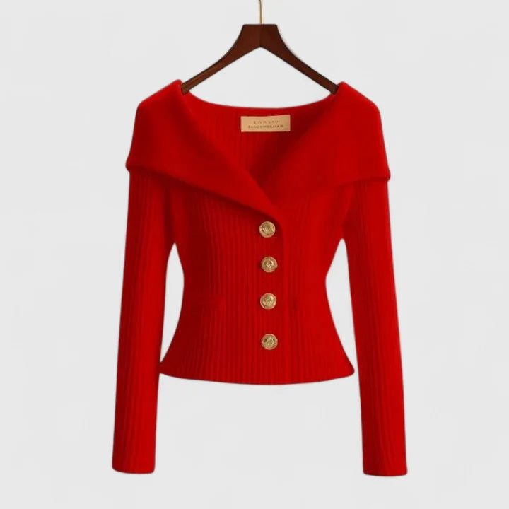 Slim Fit Off-Shoulder Ribbed Knit Cardigan Sweater with Button Detail 1