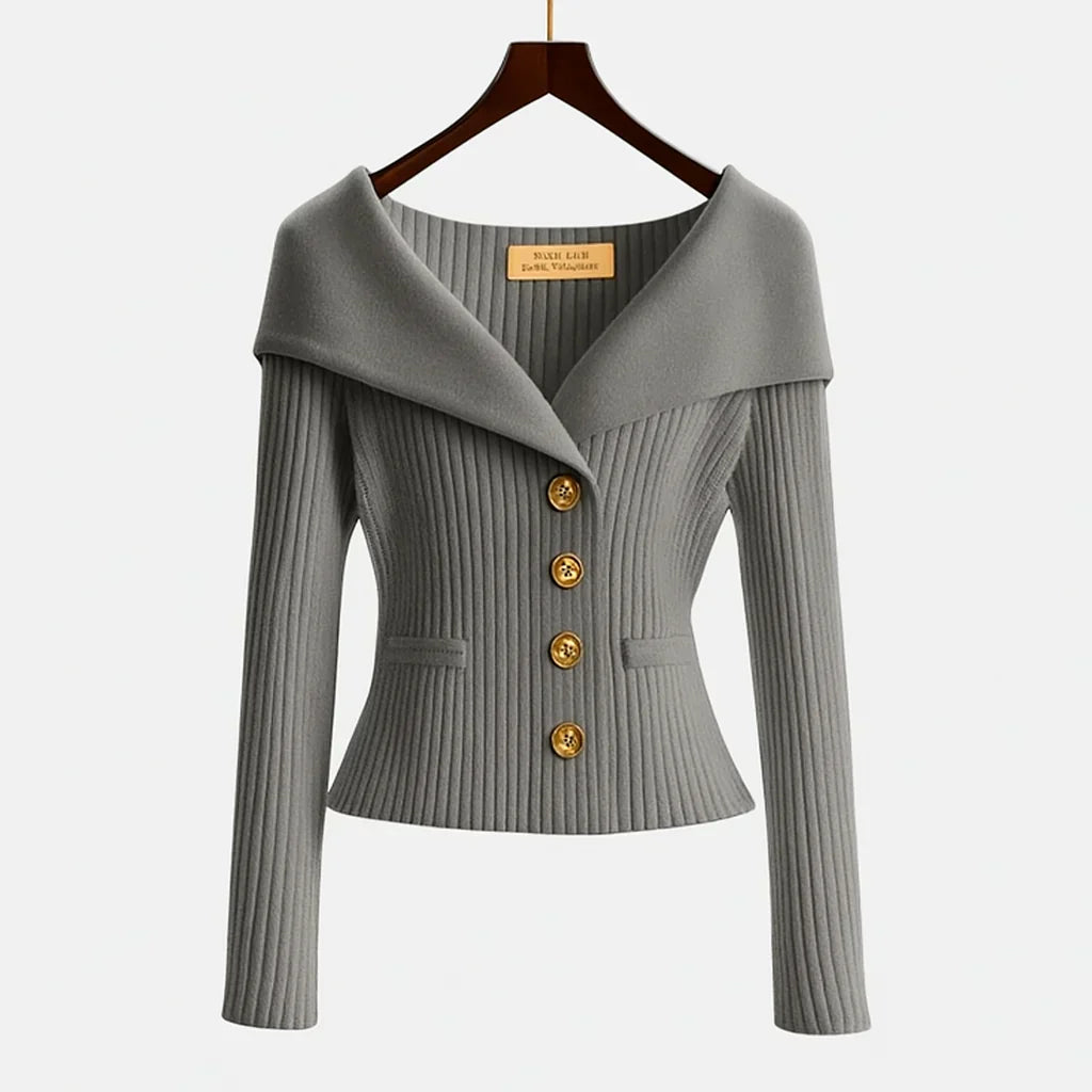 Slim Fit Off-Shoulder Ribbed Knit Cardigan Sweater with Button Detail 10