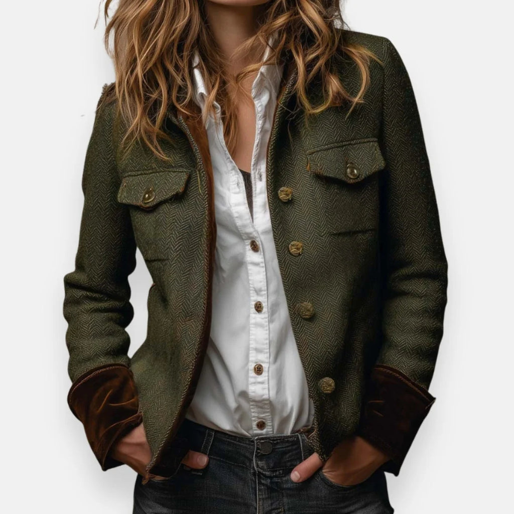 Tailored Herringbone Tweed Jacket with Structured Fit for Versatile Wear 0