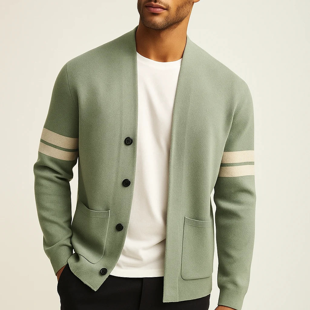 Tailored Merino Blend Cardigan Sweater with Sleeve Stripes for Men 0