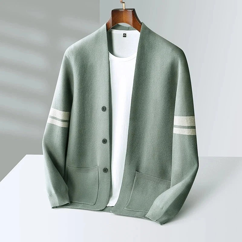 Tailored Merino Blend Cardigan Sweater with Sleeve Stripes for Men 2
