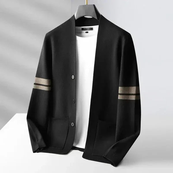 Tailored Merino Blend Cardigan Sweater with Sleeve Stripes for Men 3