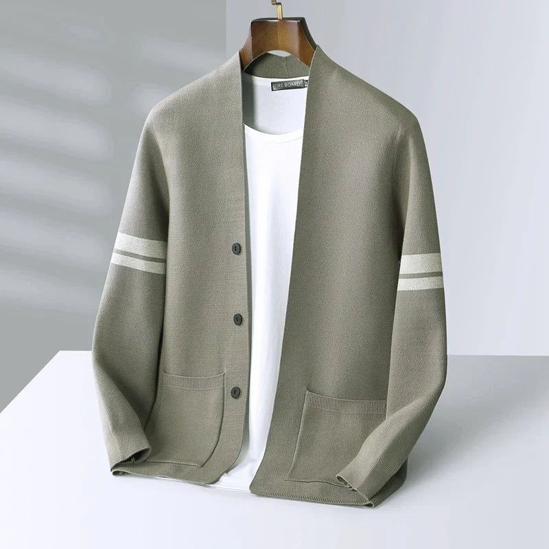 Tailored Merino Blend Cardigan Sweater with Sleeve Stripes for Men 5