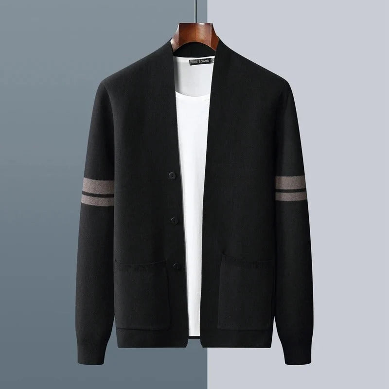 Tailored Merino Blend Cardigan Sweater with Sleeve Stripes for Men 7
