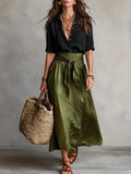Tie-Waist Midi Skirt and Relaxed Button Shirt Set - Women's Outfit 0