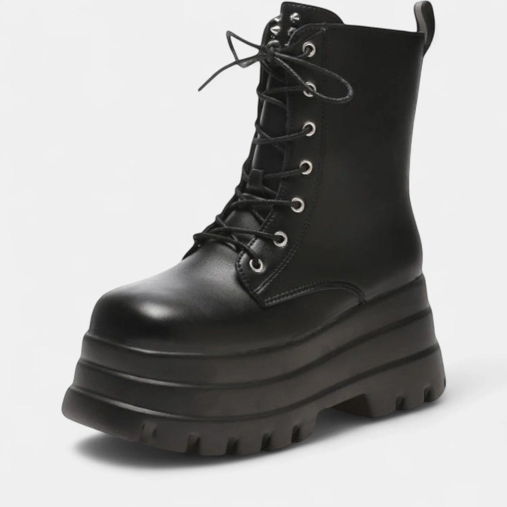 Women's Black Chunky Platform Combat Ankle Boots with Lace-Up and Zip 1