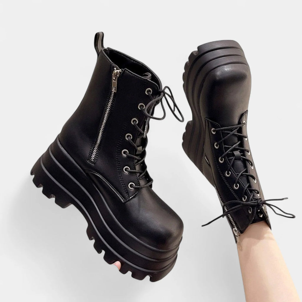 Women's Black Chunky Platform Combat Ankle Boots with Lace-Up and Zip 2
