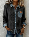 Women's Cable-Knit Button-Down Shirt with Denim Patchwork Details 0