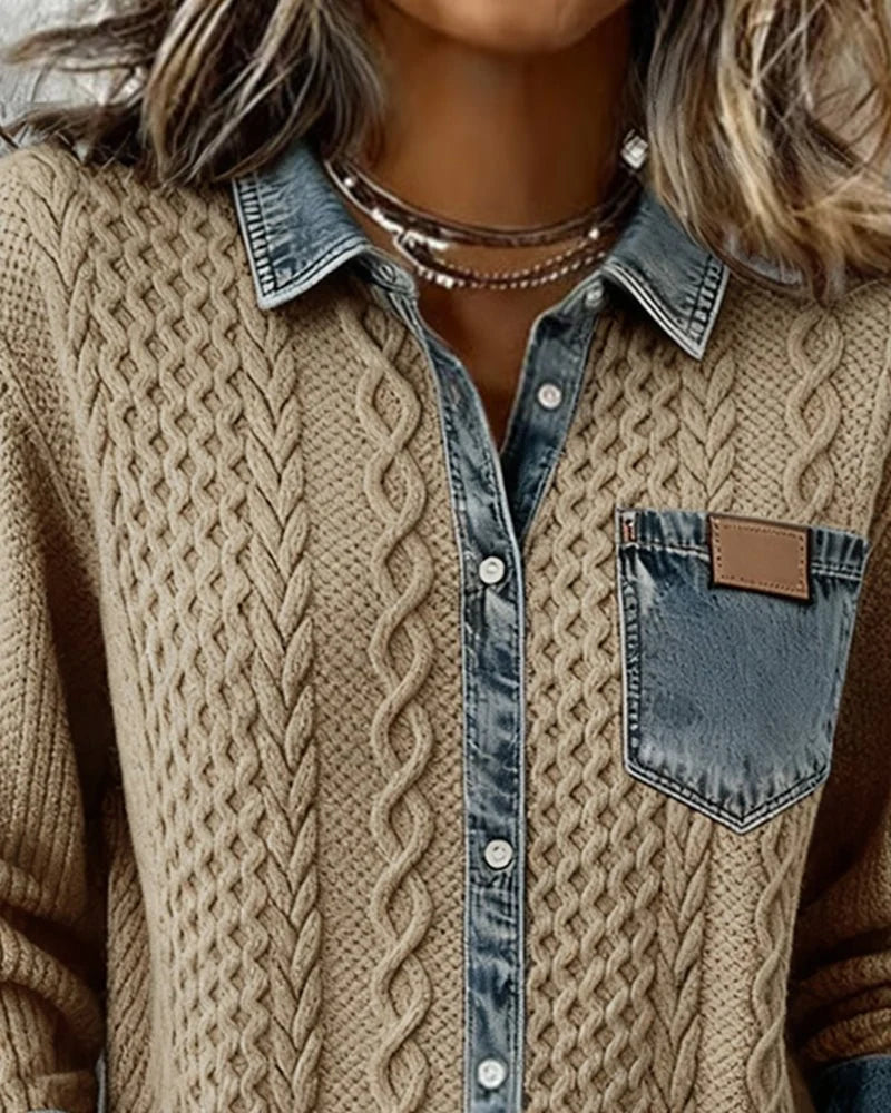 Women's Cable-Knit Button-Down Shirt with Denim Patchwork Details 8