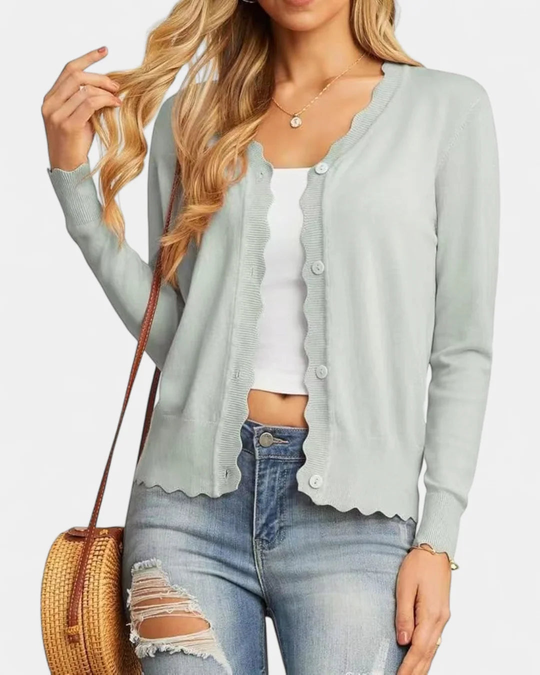 Women's Cropped Cardigan Sweater with Scalloped Trim 10