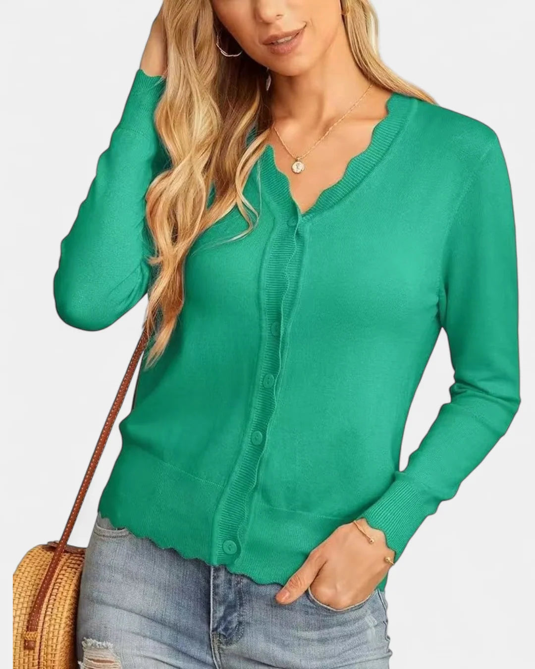 Women's Cropped Cardigan Sweater with Scalloped Trim 12